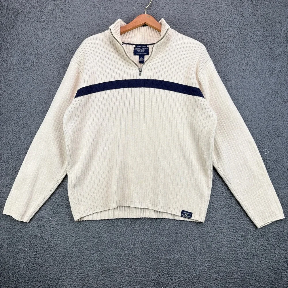 American Eagle Mens XL Quarter Zip Sweater‎ Cream Navy Stripe Ribbed Cotton 9861